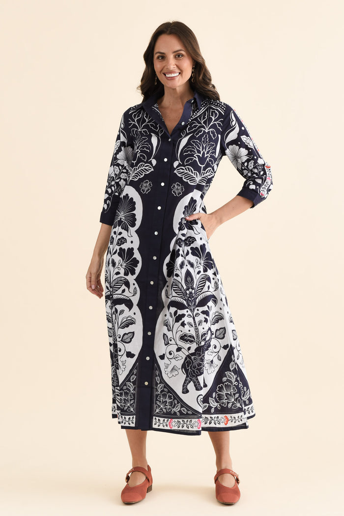 Melita Navy Motif Cotton Shirt Dress,brunette model,Front of Outfit,alt text|model:MJ