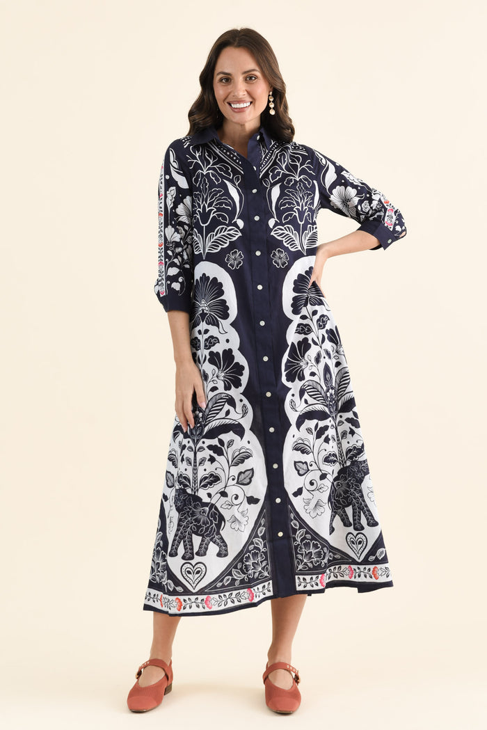 Melita Navy Motif Cotton Shirt Dress,brunette model,Full Outfit,alt text|model:MJ