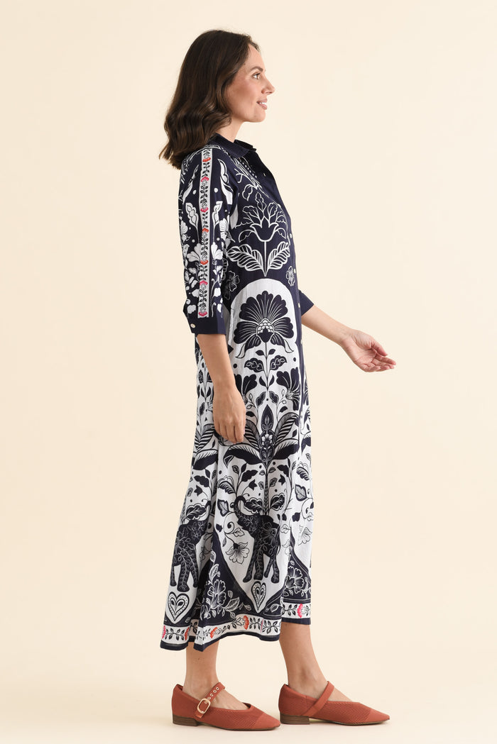 Melita Navy Motif Cotton Shirt Dress,brunette model,Side of Outfit,alt text|model:MJ