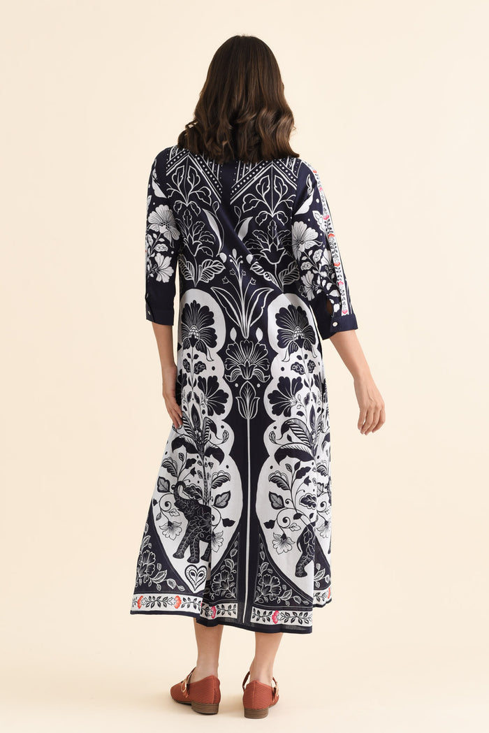 Melita Navy Motif Cotton Shirt Dress,brunette model,Back of Outfit,alt text|model:MJ