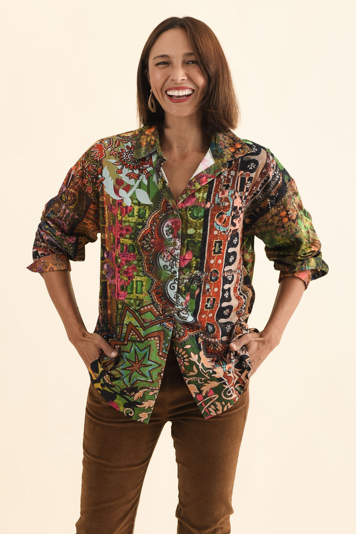 Meyer Green Abstract Cotton Shirt,Brunette model,alt text|model:Cara