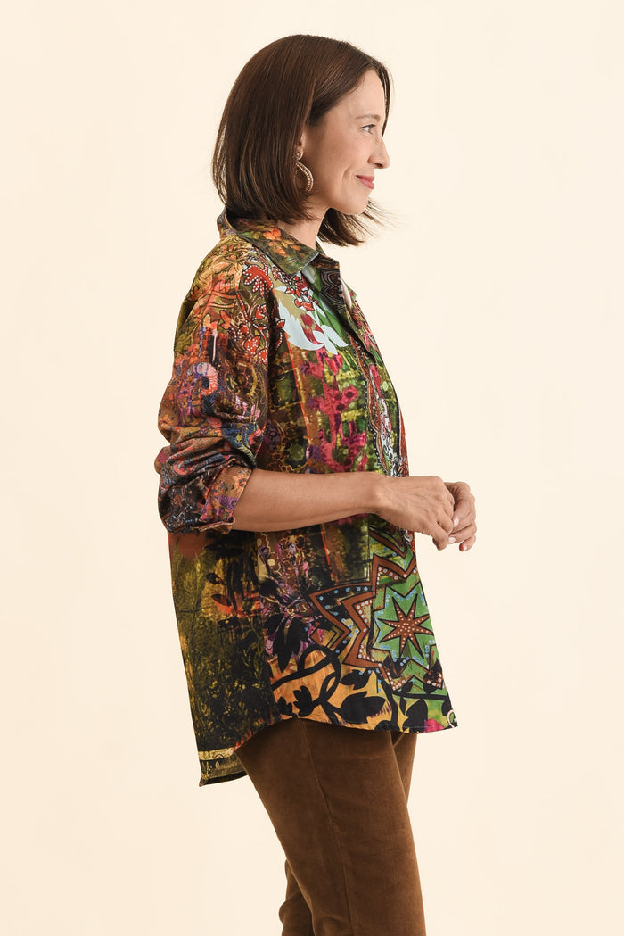 Meyer Green Abstract Cotton Shirt,Brunette model,alt text|model:Cara