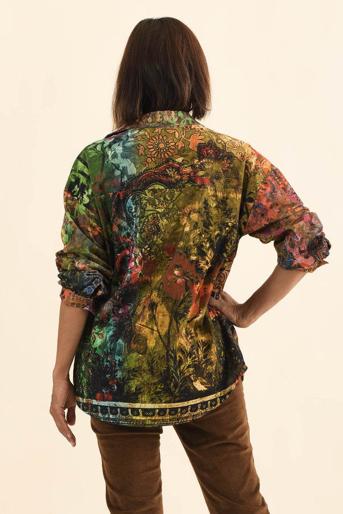 Meyer Green Abstract Cotton Shirt,Brunette model,alt text|model:Cara