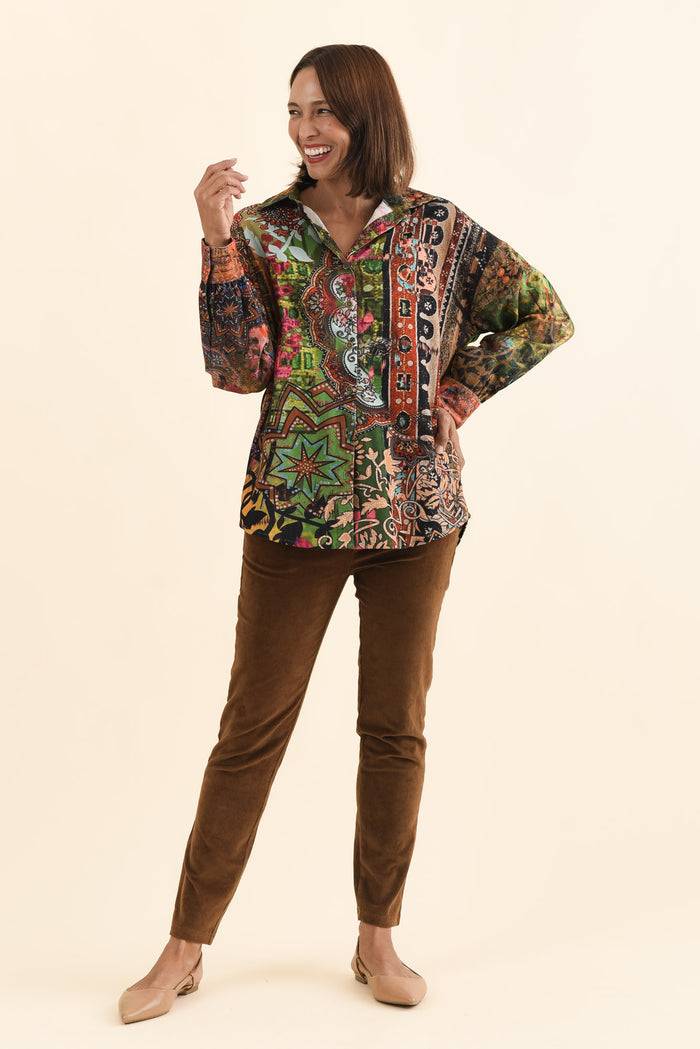 Meyer Green Abstract Cotton Shirt,Brunette model,alt text|model:Cara