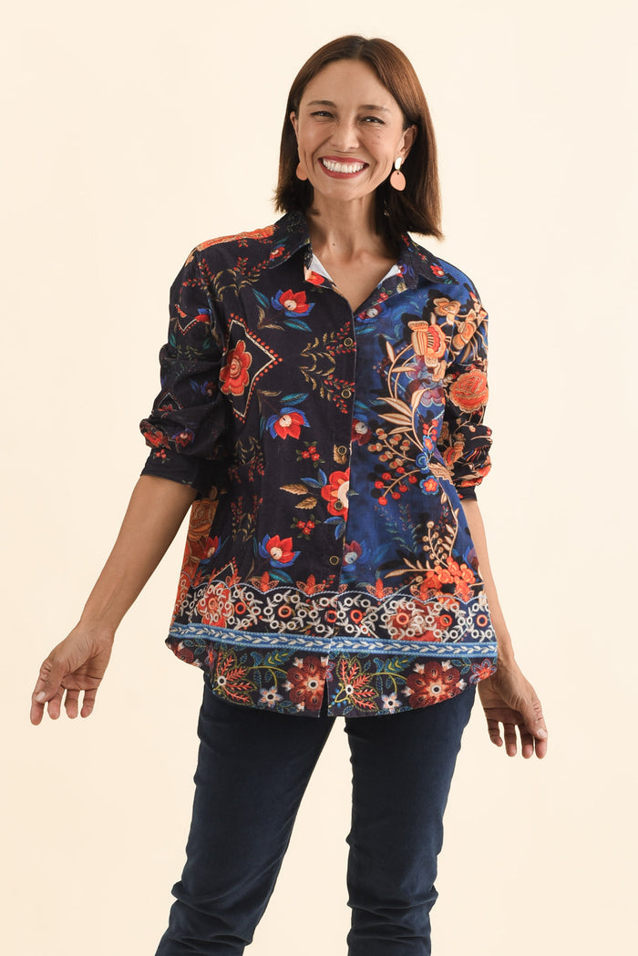 Meyer Navy Botanical Cotton Shirt,Brunette model,alt text|model:Cara