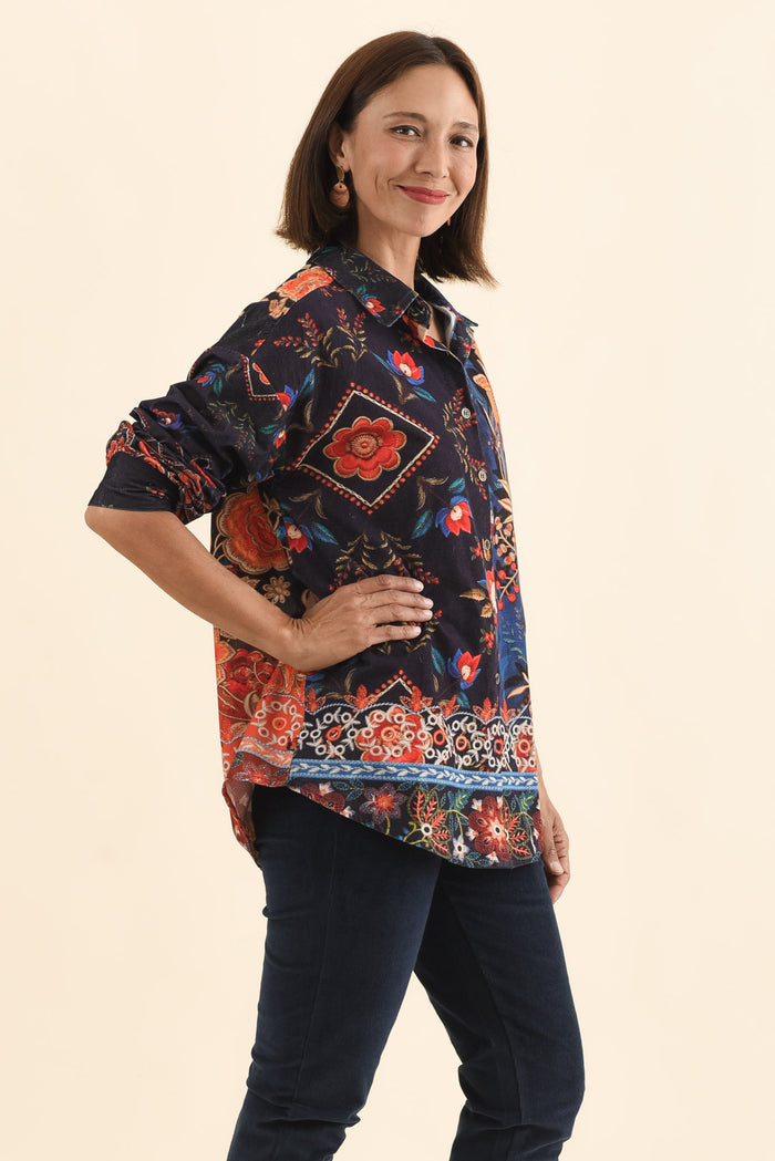 Meyer Navy Botanical Cotton Shirt,Brunette model,alt text|model:Cara