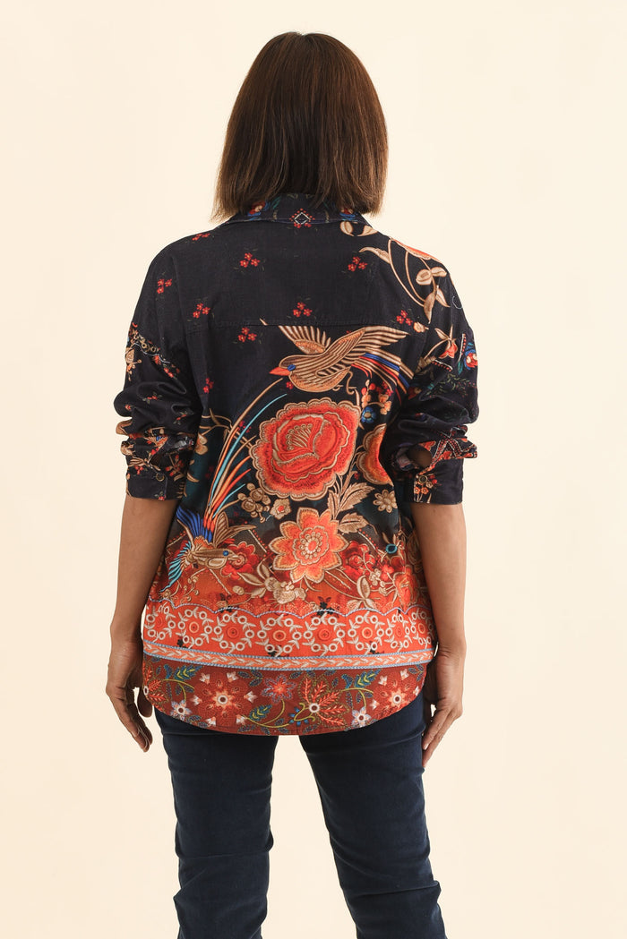 Meyer Navy Botanical Cotton Shirt,Brunette model,alt text|model:Cara