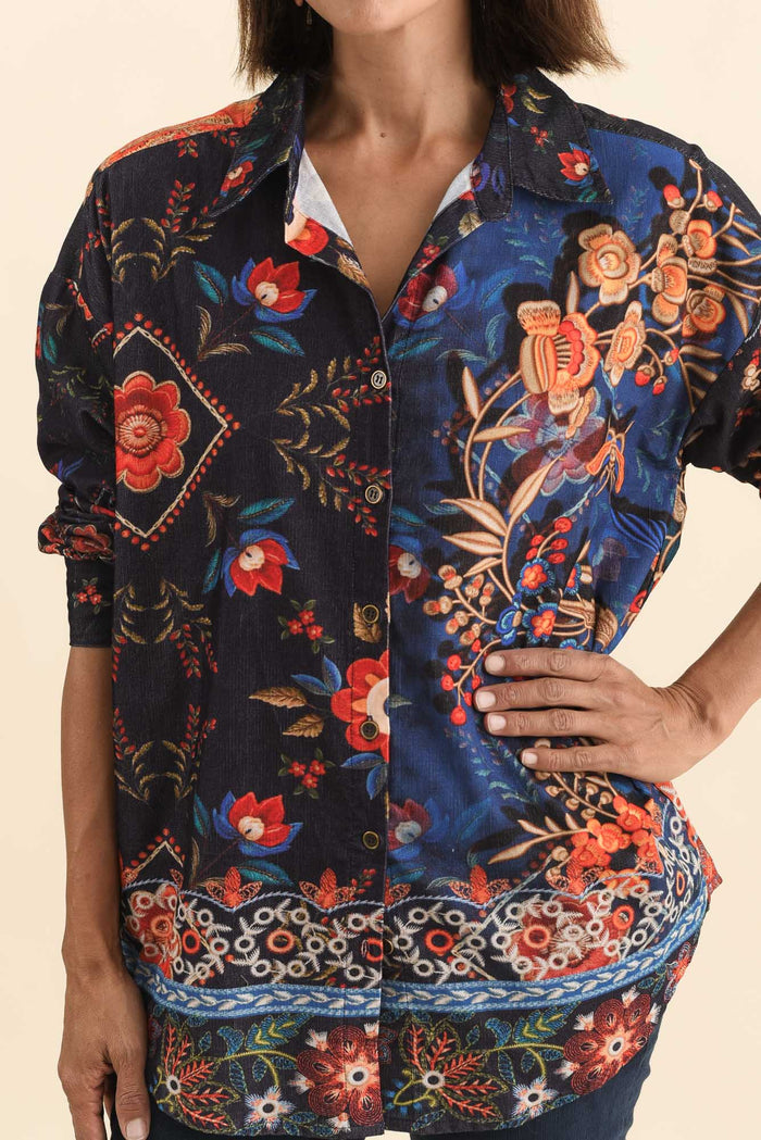 Meyer Navy Botanical Cotton Shirt,Brunette model,alt text|model:Cara