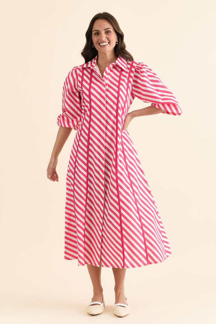Micah Pink Stripe Cotton Poplin Dress,brunette model,Front of Outfit,alt text|model:MJ