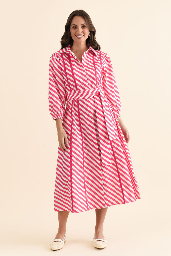 Micah Pink Stripe Cotton Poplin Dress,brunette model,Full Outfit,alt text|model:MJ