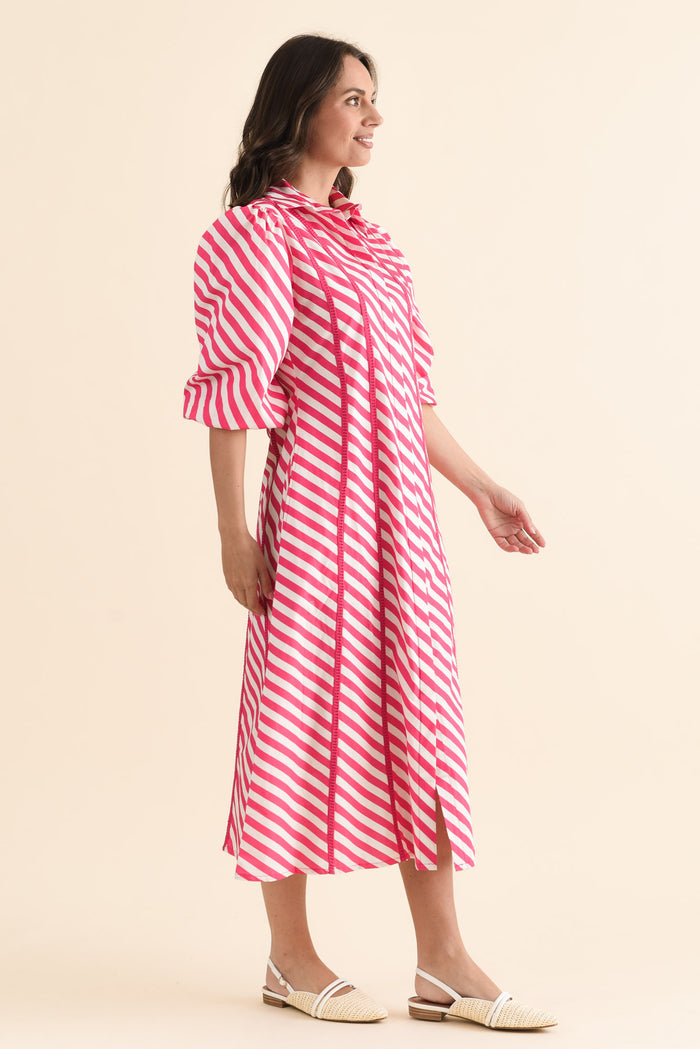 Micah Pink Stripe Cotton Poplin Dress,brunette model,Side of Outfit,alt text|model:MJ