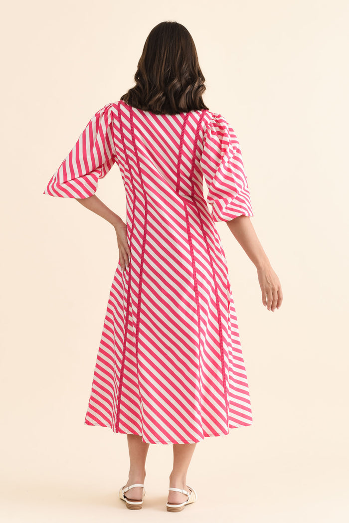 Micah Pink Stripe Cotton Poplin Dress,brunette model,Back of Outfit,alt text|model:MJ
