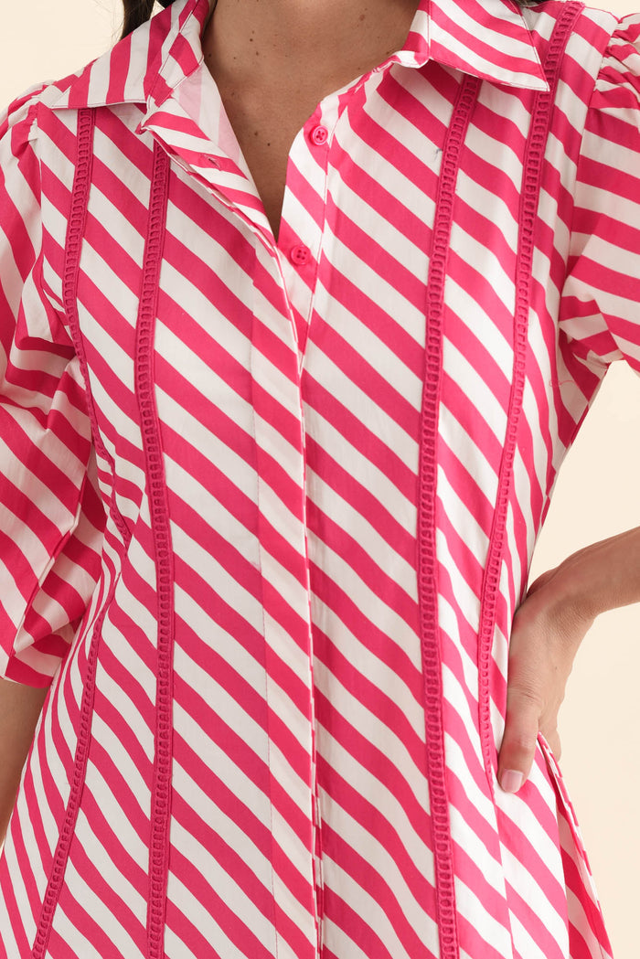 Micah Pink Stripe Cotton Poplin Dress,brunette model,Close up of outfit,alt text|model:MJ
