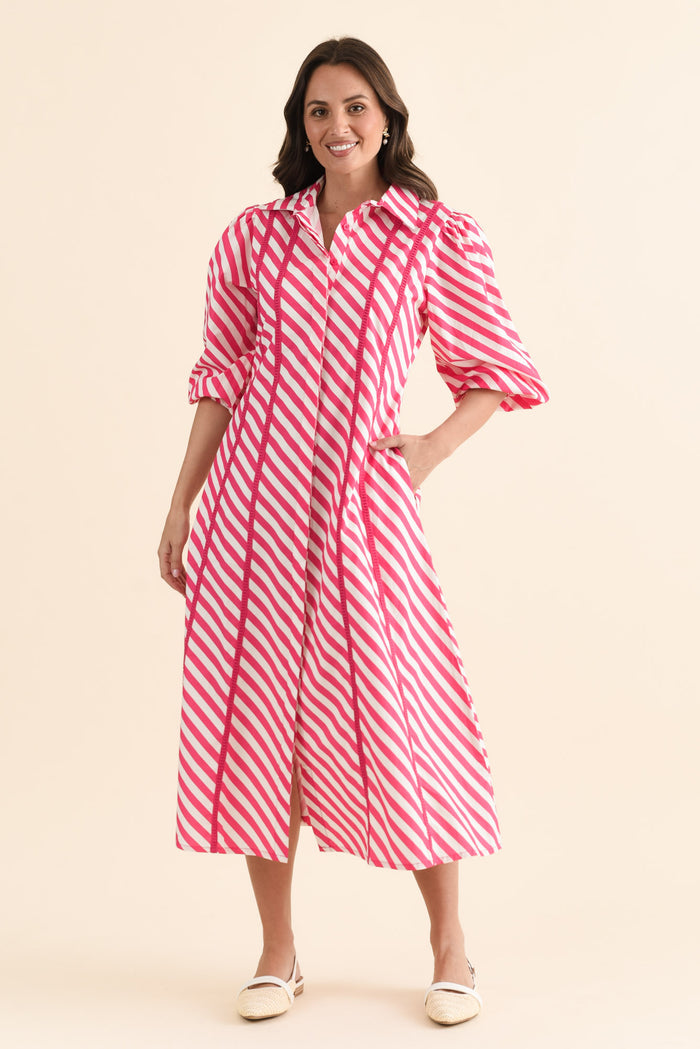 Micah Pink Stripe Cotton Poplin Dress,brunette model,Full Outfit,alt text|model:MJ