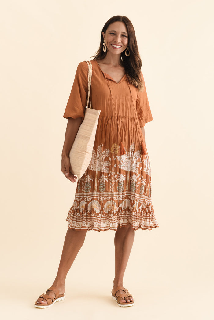 Mila Brown Beach Crinkle Cotton Dress,Brunette model,alt text|model:Cara