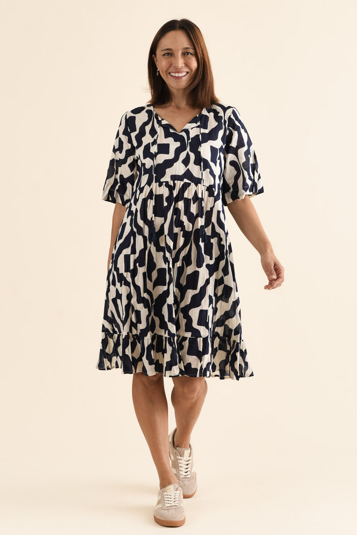 Mila Navy Motif Crinkle Cotton Dress,Full Body,Brunette model,alt text|model:Cara