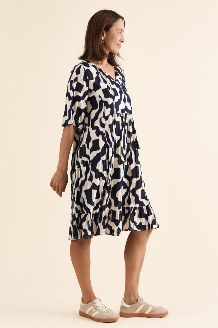 Mila Navy Motif Crinkle Cotton Dress,Side,Brunette model,alt text|model:Cara