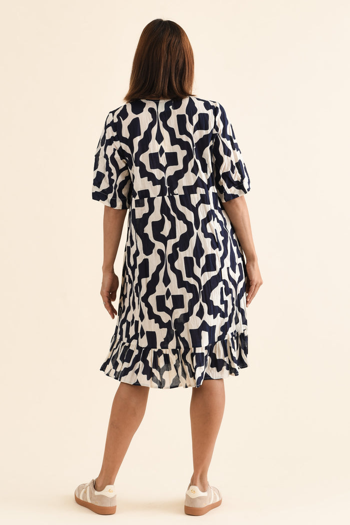 Mila Navy Motif Crinkle Cotton Dress,Back,Brunette model,alt text|model:Cara