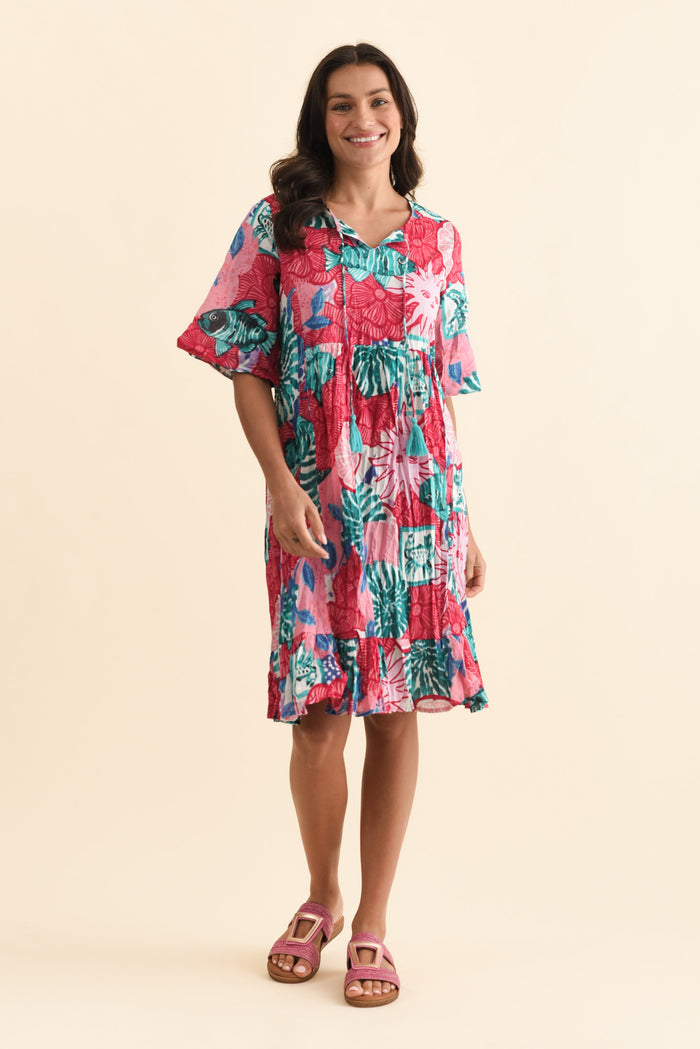 Mila Pink Abstract Crinkle Cotton Dress,Brunette model,alt text|model:Brontie