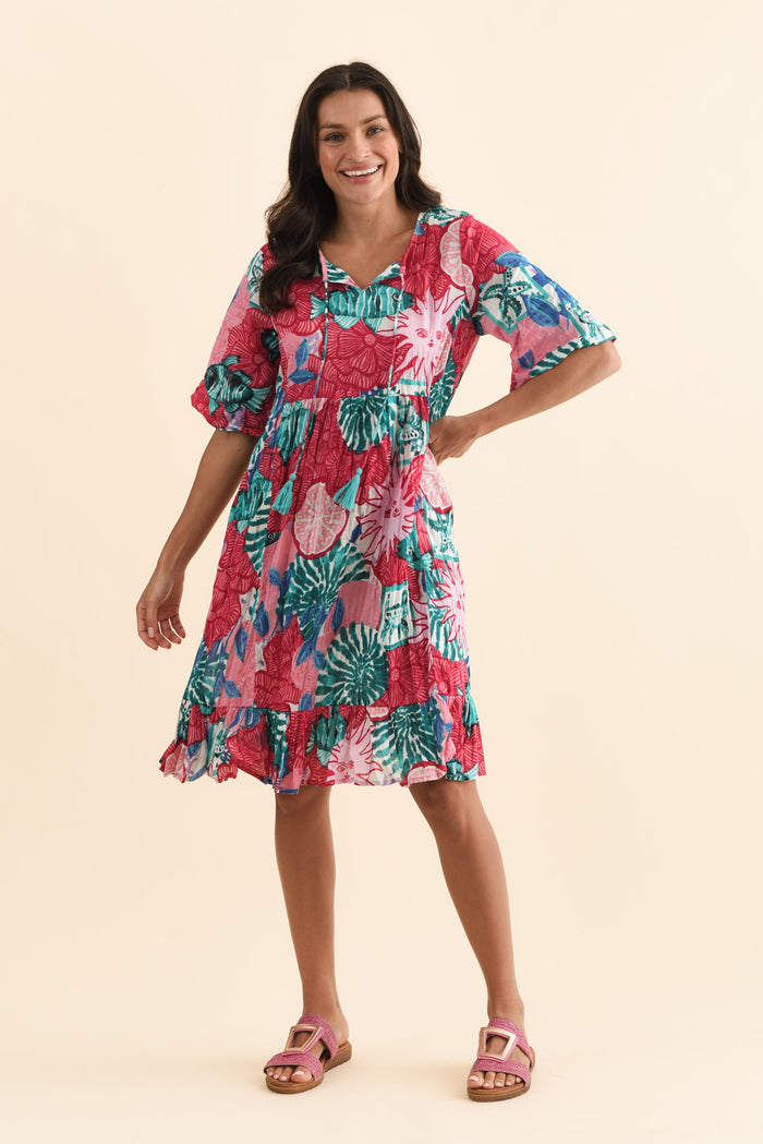 Mila Pink Abstract Crinkle Cotton Dress,Brunette model,alt text|model:Brontie