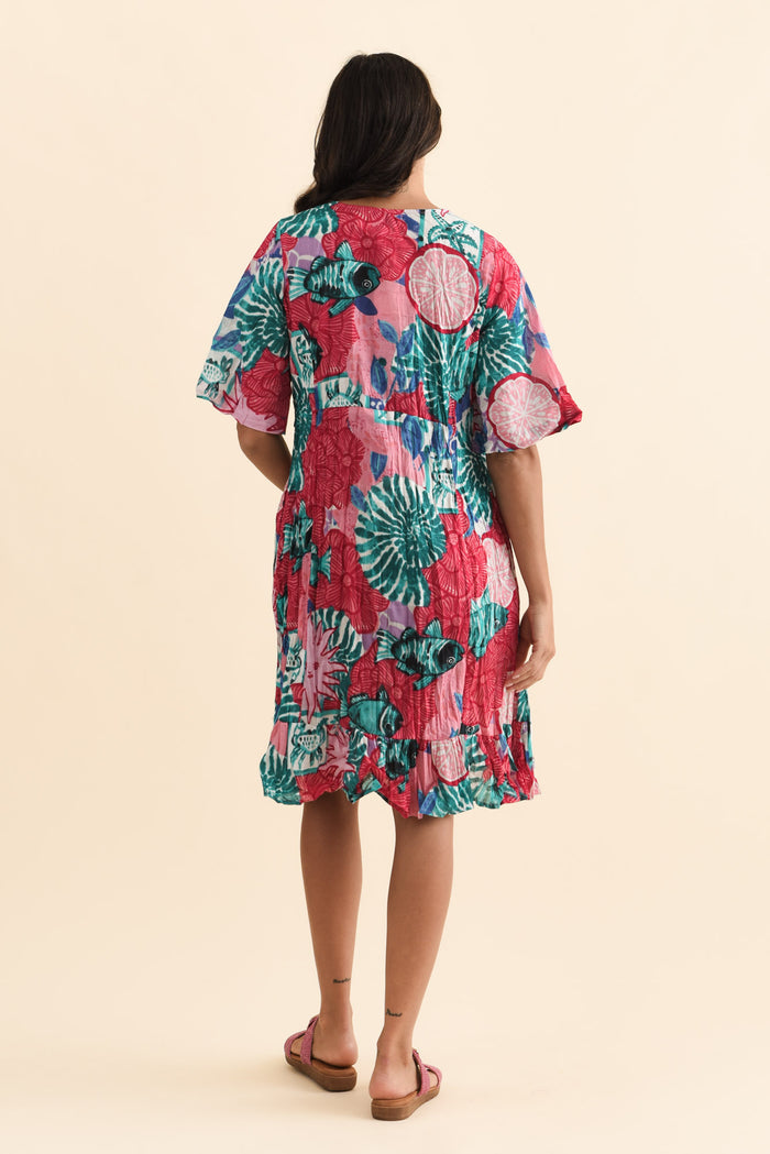 Mila Pink Abstract Crinkle Cotton Dress,Brunette model,alt text|model:Brontie