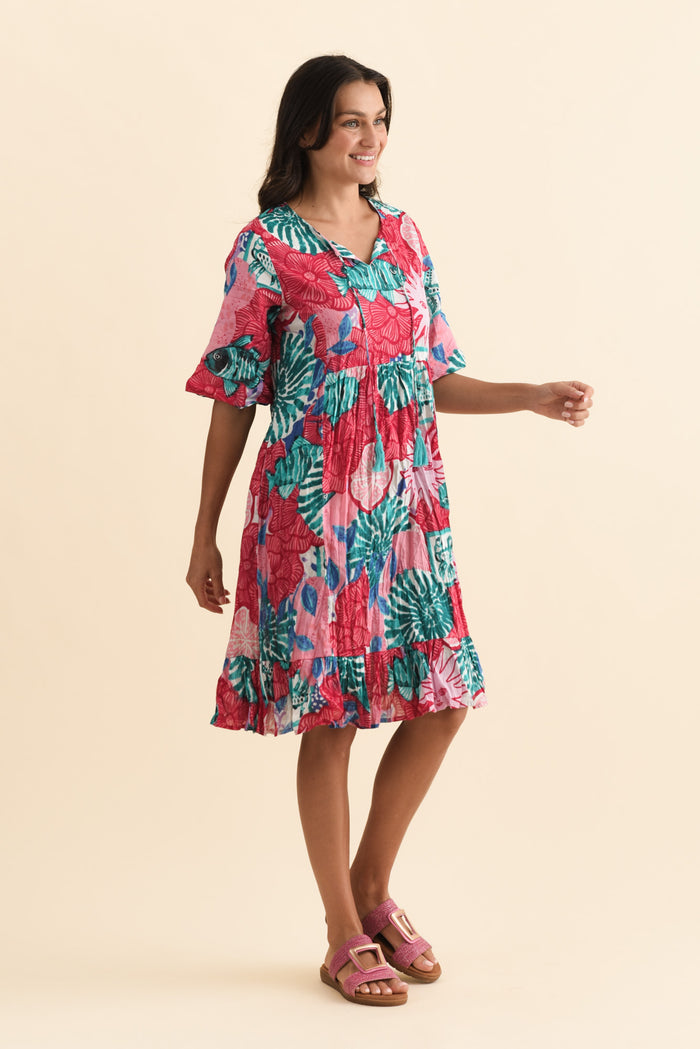 Mila Pink Abstract Crinkle Cotton Dress,Brunette model,alt text|model:Brontie