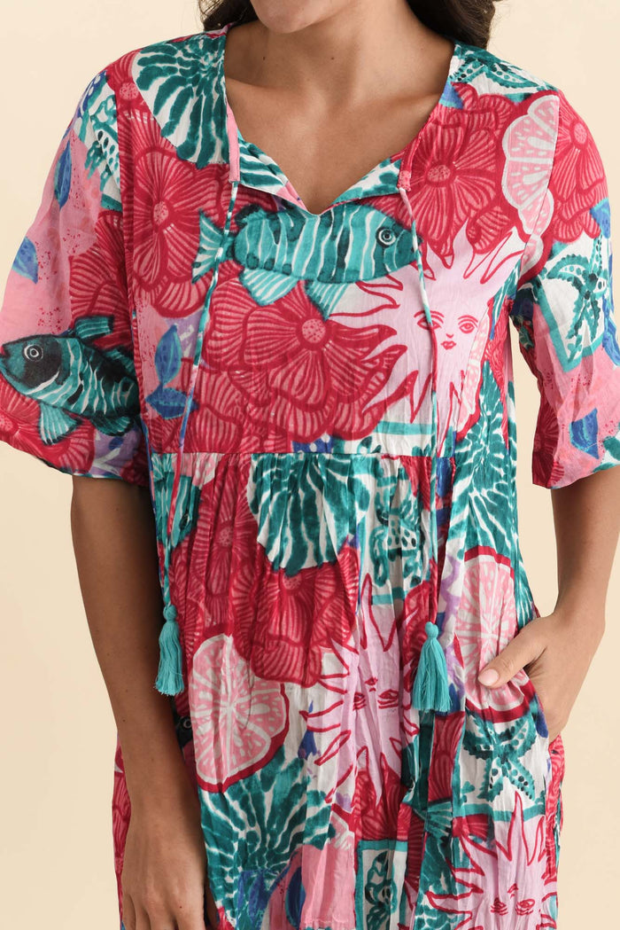 Mila Pink Abstract Crinkle Cotton Dress,Brunette model,alt text|model:Brontie