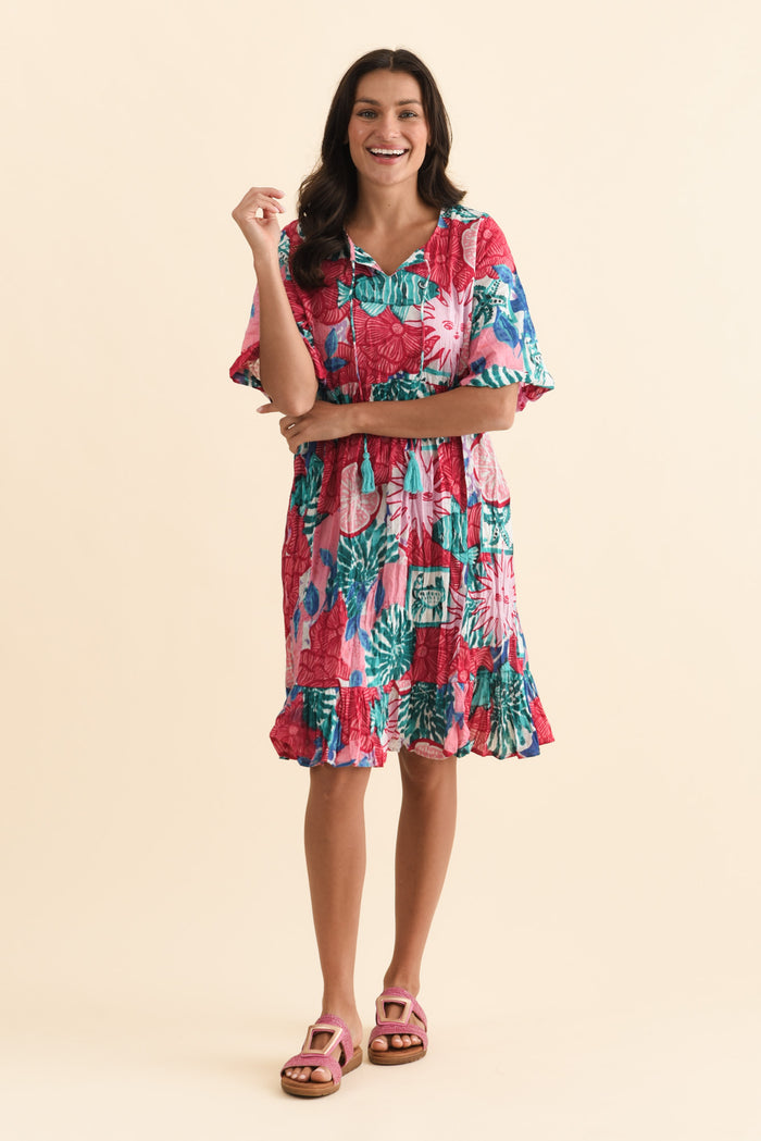 Mila Pink Abstract Crinkle Cotton Dress,Brunette model,alt text|model:Brontie