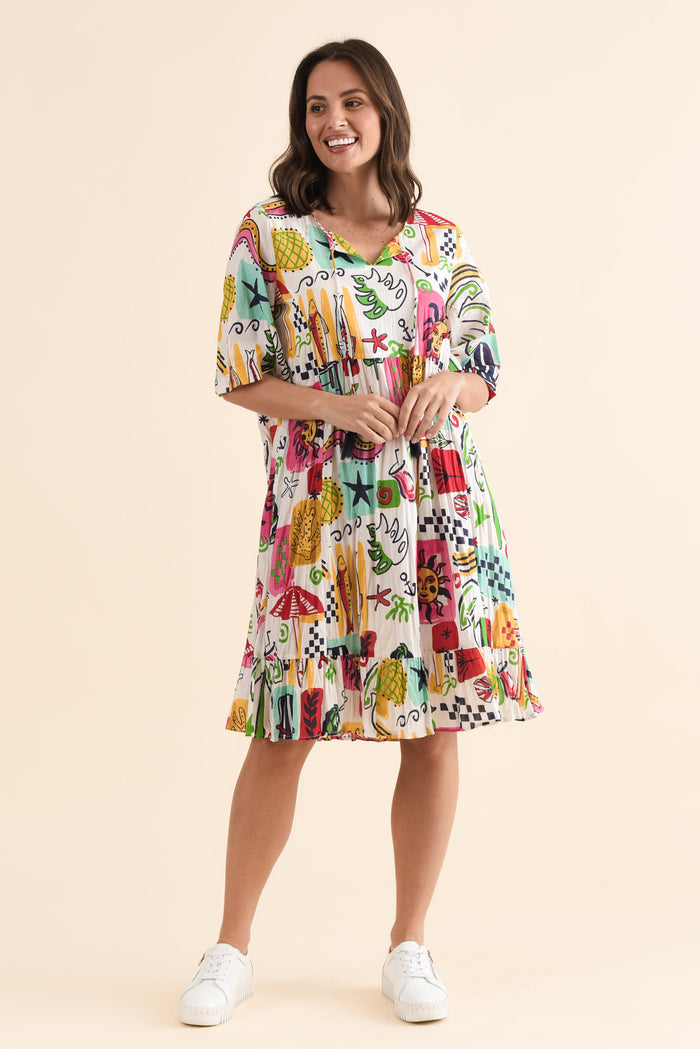 Mila White Seaside Crinkle Cotton Dress,Full Body,Brunette model,alt text|model:MJ