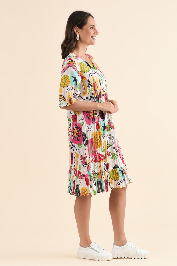 Mila White Seaside Crinkle Cotton Dress,Side,Brunette model,alt text|model:MJ