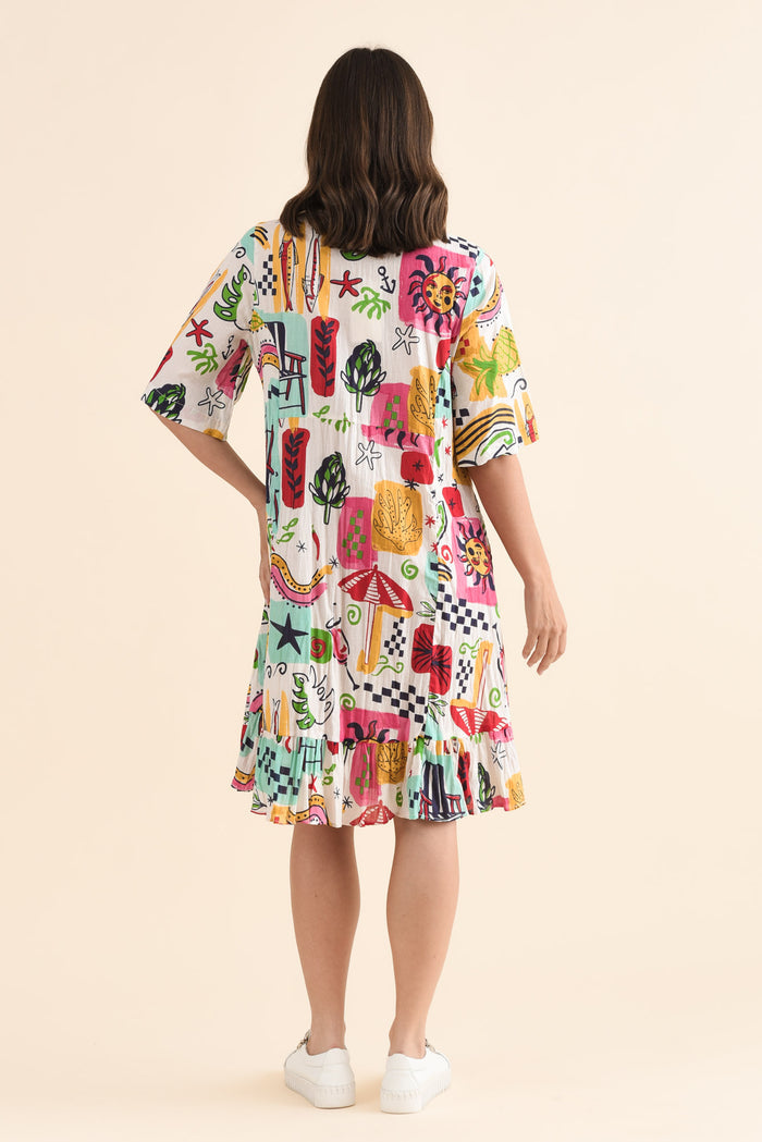 Mila White Seaside Crinkle Cotton Dress,Back,Brunette model,alt text|model:MJ