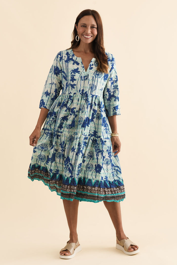 Milana Cobalt Dandelion Crinkle Cotton Dress,Brunette model,alt text|model:Cara