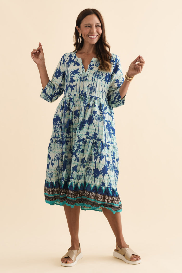 Milana Cobalt Dandelion Crinkle Cotton Dress,Brunette model,alt text|model:Cara