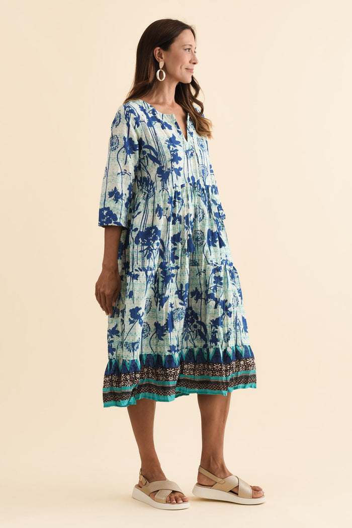 Milana Cobalt Dandelion Crinkle Cotton Dress,Brunette model,alt text|model:Cara