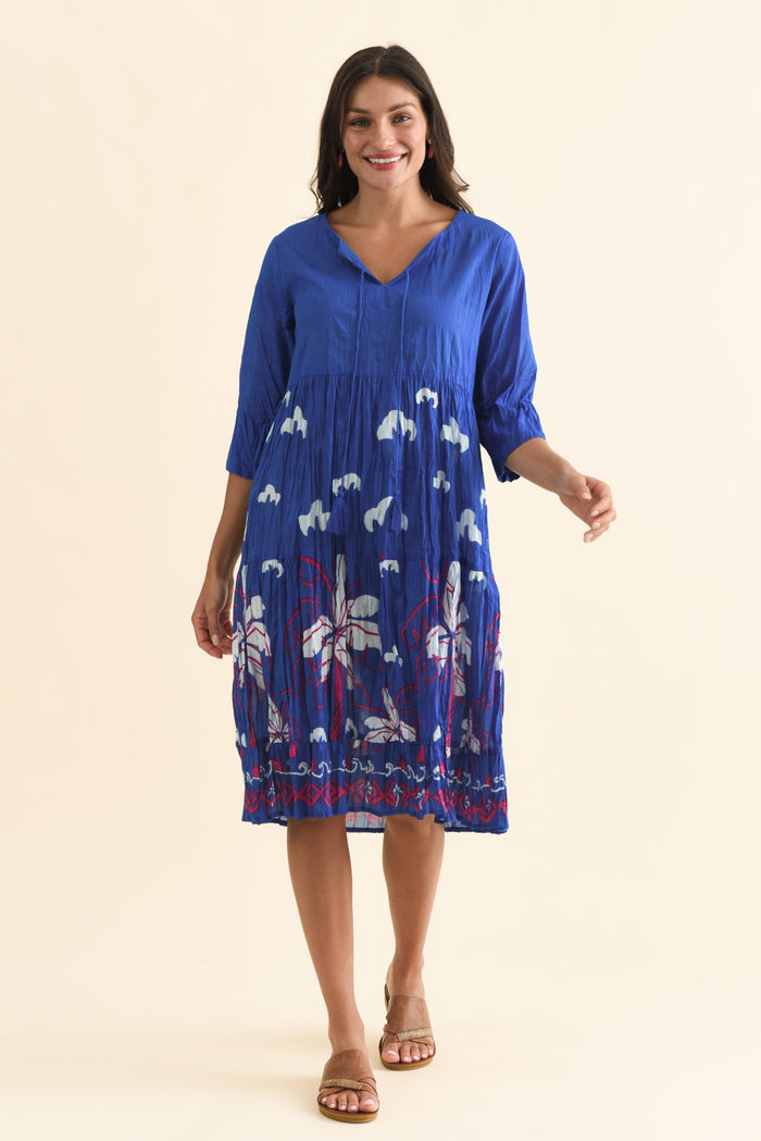 Milana Cobalt Tropical Crinkle Cotton Dress,Brunette model,alt text|model:Brontie