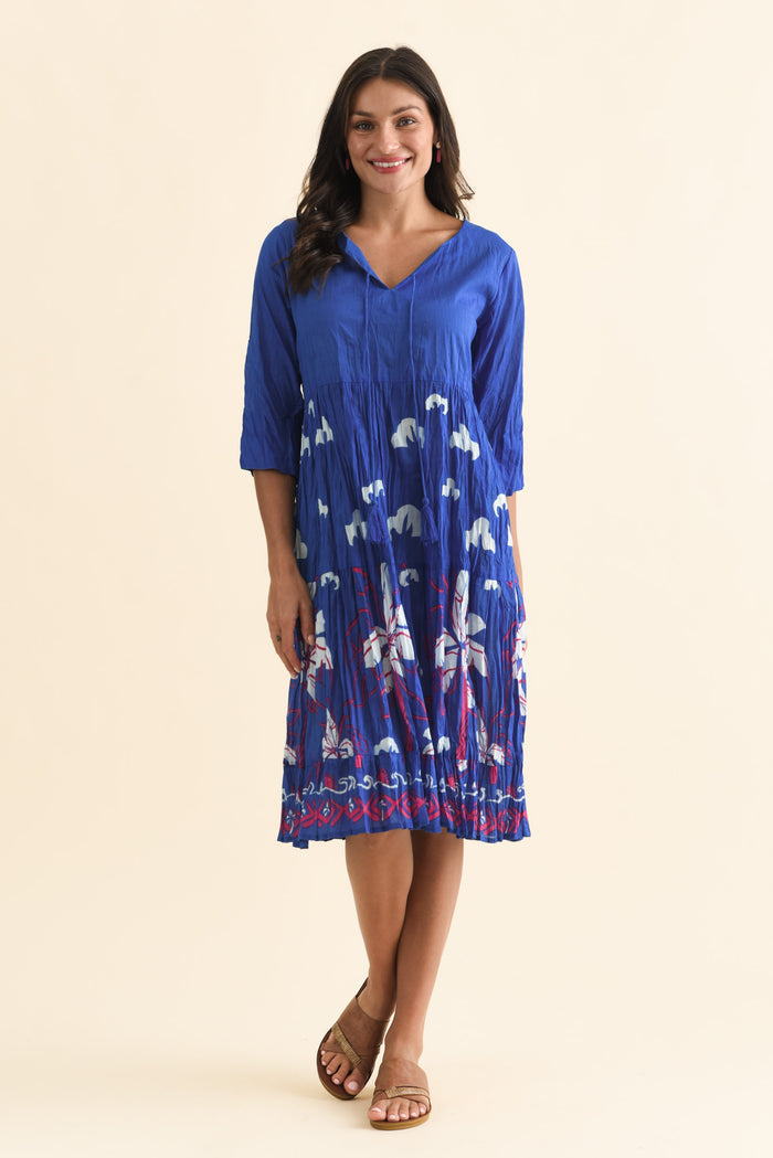 Milana Cobalt Tropical Crinkle Cotton Dress,Brunette model,alt text|model:Brontie