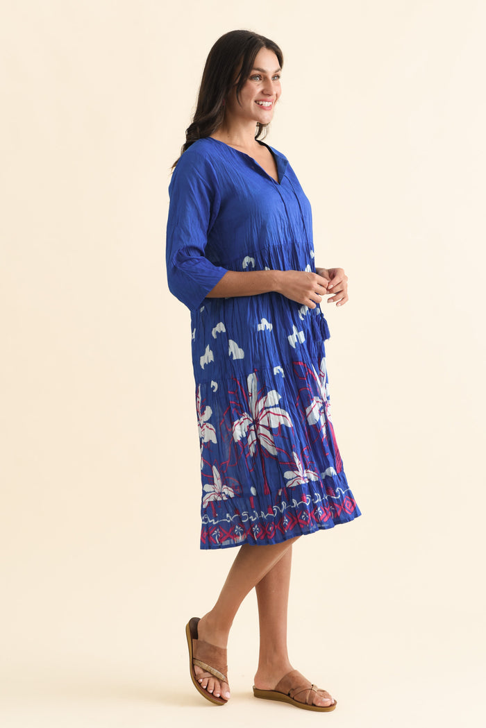 Milana Cobalt Tropical Crinkle Cotton Dress,Brunette model,alt text|model:Brontie