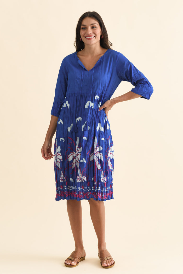 Milana Cobalt Tropical Crinkle Cotton Dress,Brunette model,alt text|model:Brontie