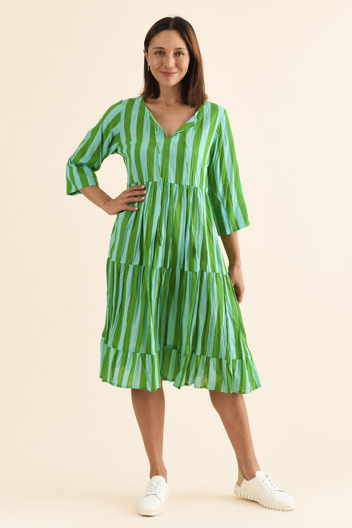 Milana Green Stripe Crinkle Cotton Dress,Front,Brunette model,alt text|model:Cara