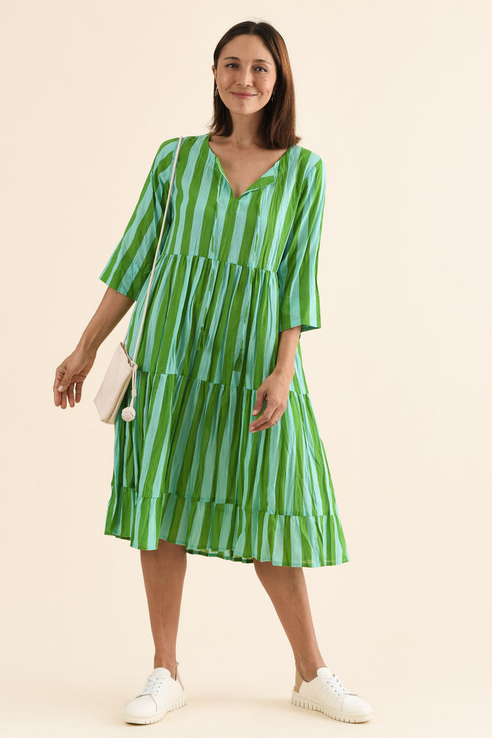 Milana Green Stripe Crinkle Cotton Dress,Full Body,Brunette model,alt text|model:Cara