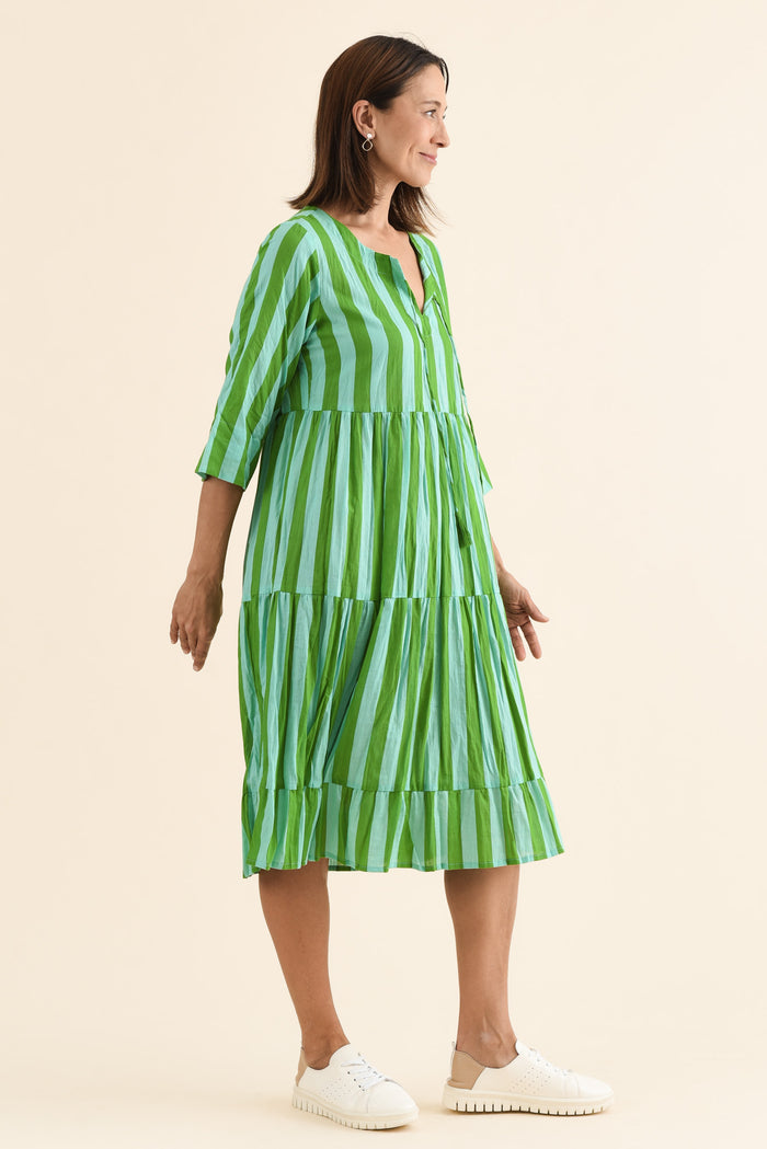 Milana Green Stripe Crinkle Cotton Dress,Side,Brunette model,alt text|model:Cara