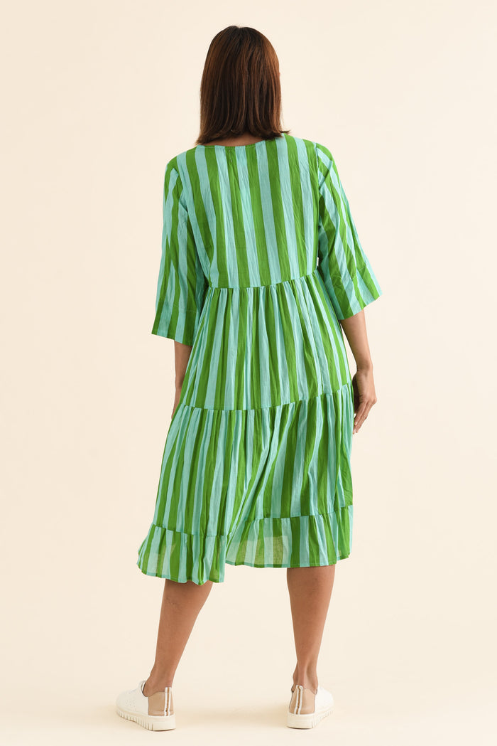 Milana Green Stripe Crinkle Cotton Dress,Back,Brunette model,alt text|model:Cara