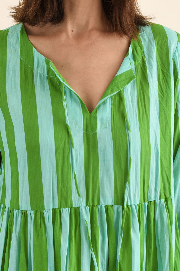 Milana Green Stripe Crinkle Cotton Dress,Detail,Brunette model,alt text|model:Cara