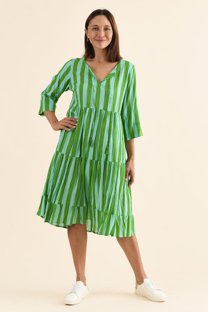 Milana Green Stripe Crinkle Cotton Dress,Full Body,Brunette model,alt text|model:Cara