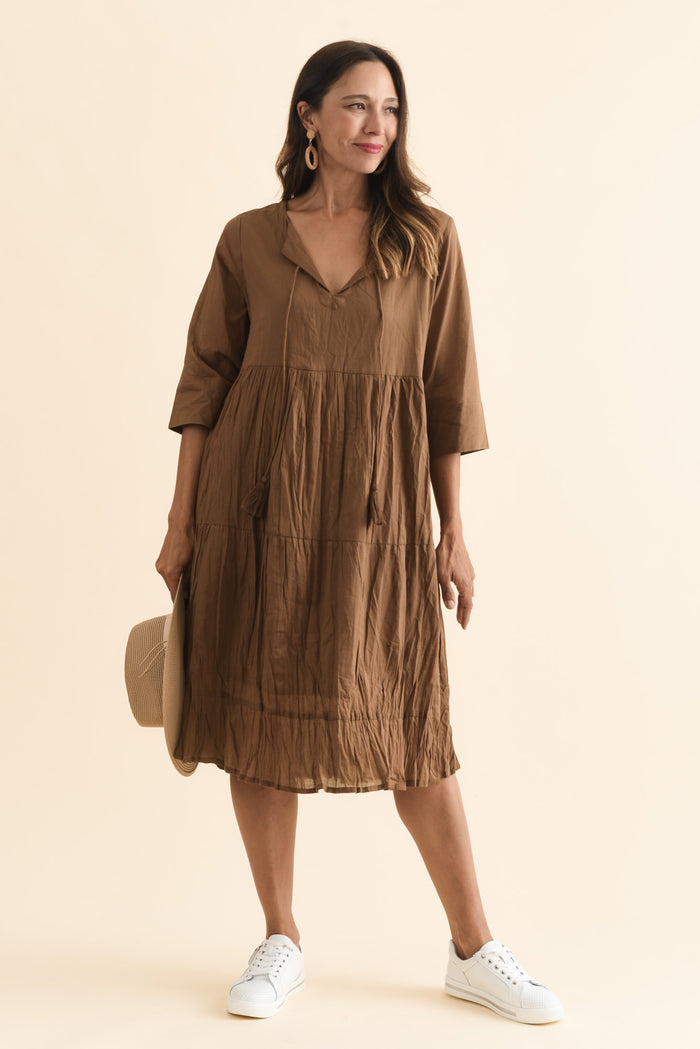 Milana Mocha Crinkle Cotton Dress,Brunette model,alt text|model:Cara