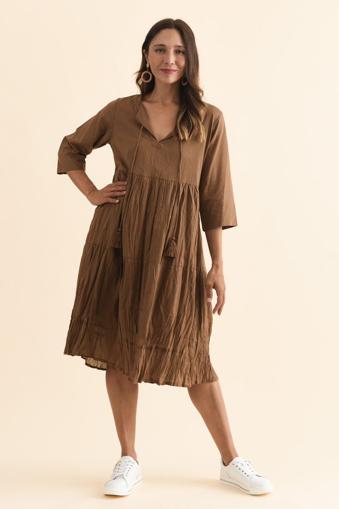 Milana Mocha Crinkle Cotton Dress,Brunette model,alt text|model:Cara