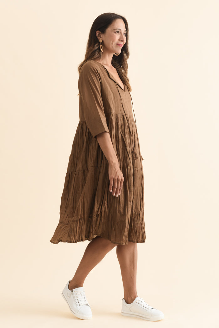 Milana Mocha Crinkle Cotton Dress,Brunette model,alt text|model:Cara