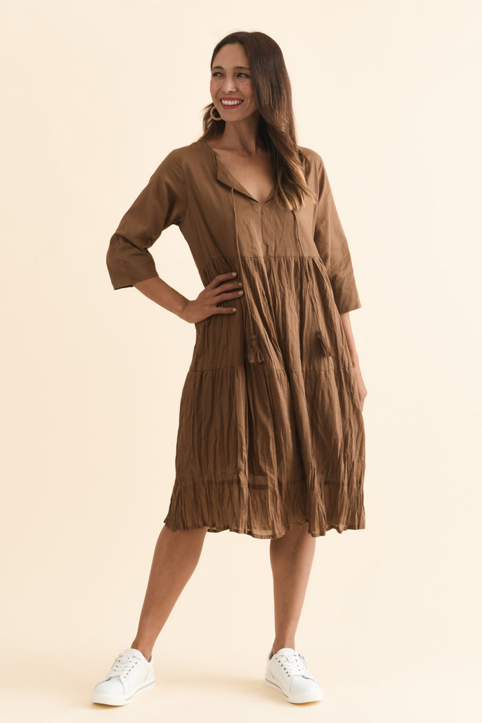 Milana Mocha Crinkle Cotton Dress,Brunette model,alt text|model:Cara