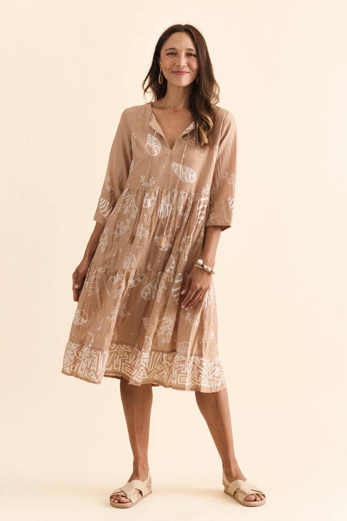 Milana Mocha Seashell Crinkle Cotton Dress,Brunette model,alt text|model:Cara
