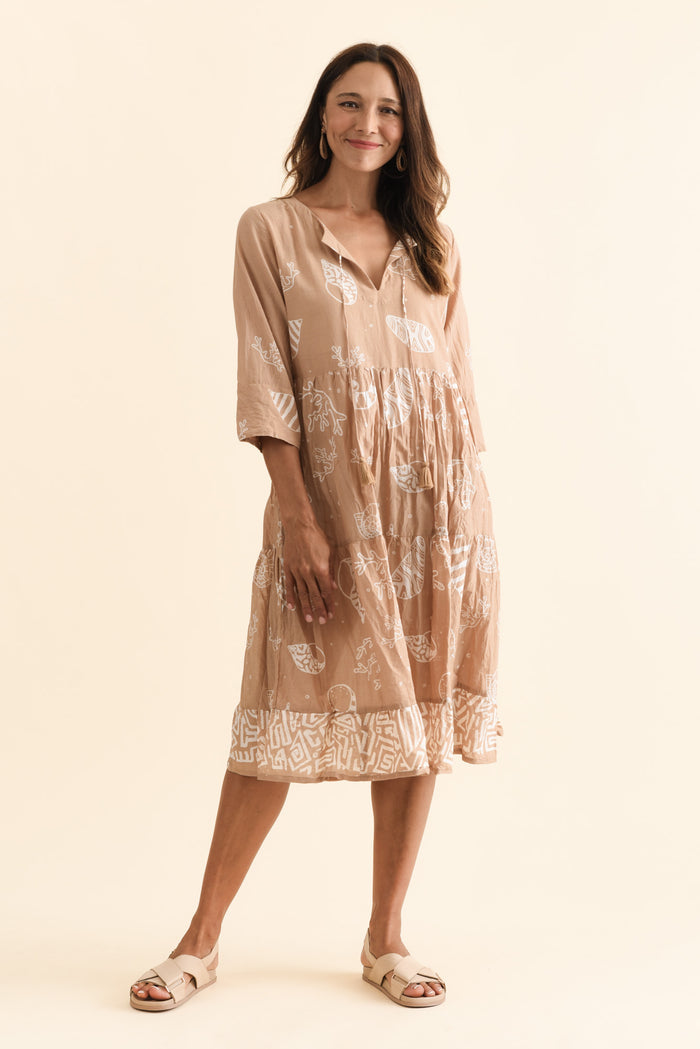 Milana Mocha Seashell Crinkle Cotton Dress,Brunette model,alt text|model:Cara